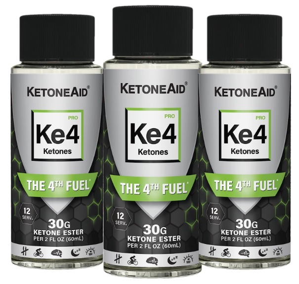 Three bottles of Ke4 KetoneAid dietary ketone ester supplement 
