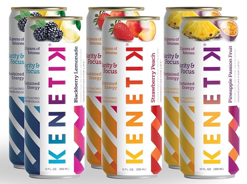 Three cans of KENETIX functional hydration drink in different flavors.