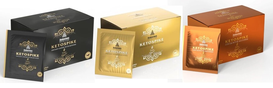 Boxes of KetoSpike coffee, tea, and cocoa from Audacious Nutrition