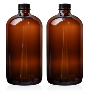 Amber glass bottles, 1 quart size.