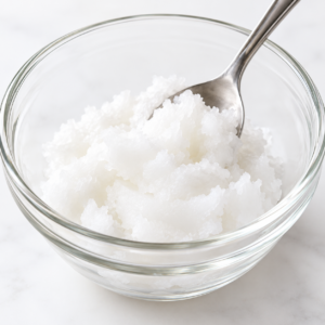 Solid white coconut oil in a clear glass bowl with a stainless steel spoon.