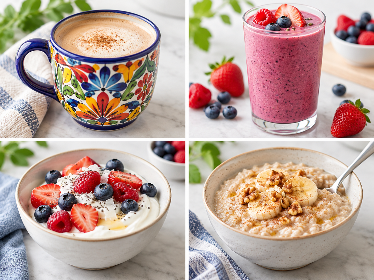 Collage of creamy coffee in a colorful ceramic mug, berry smoothie, Greek yogurt with berries, and oatmeal with banana and nuts.