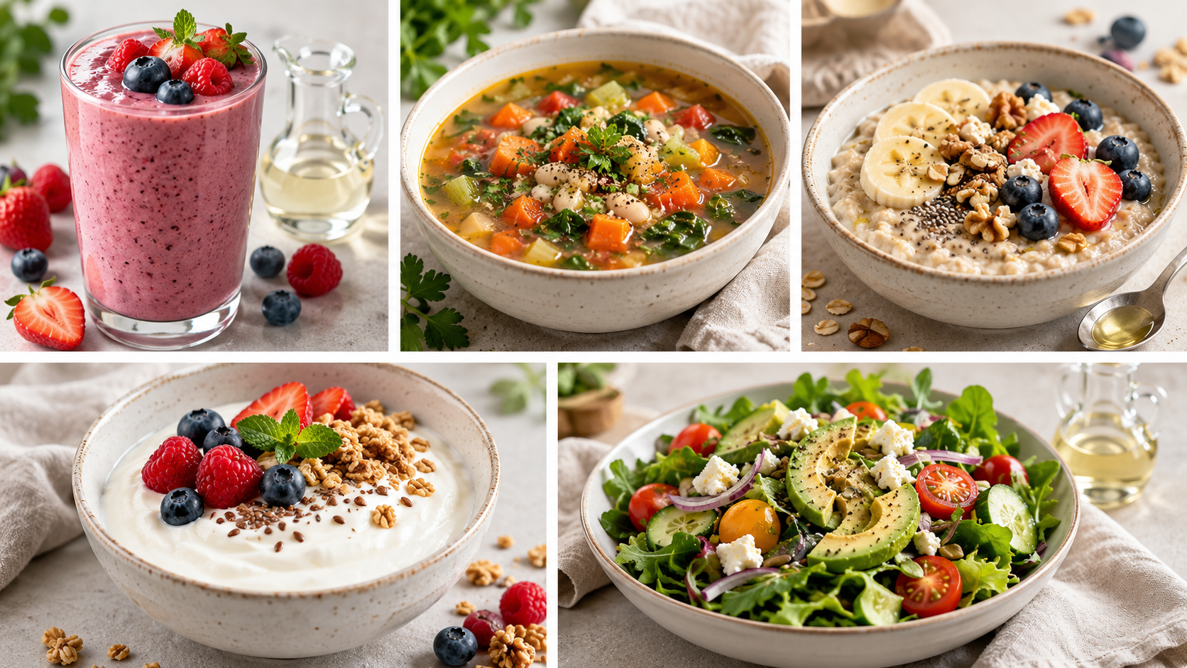 Collage of a berry smoothie, vegetable soup, oatmeal with fruit and nuts, yogurt with berries, and a fresh green salad.