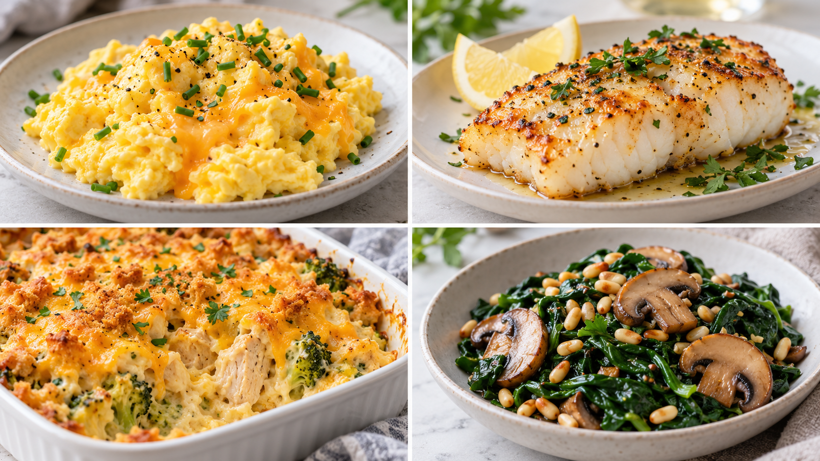 Collage of cheesy scrambled eggs, Chilean sea bass, cheddar chicken casserole, and sautéed spinach with mushrooms and pine nuts.