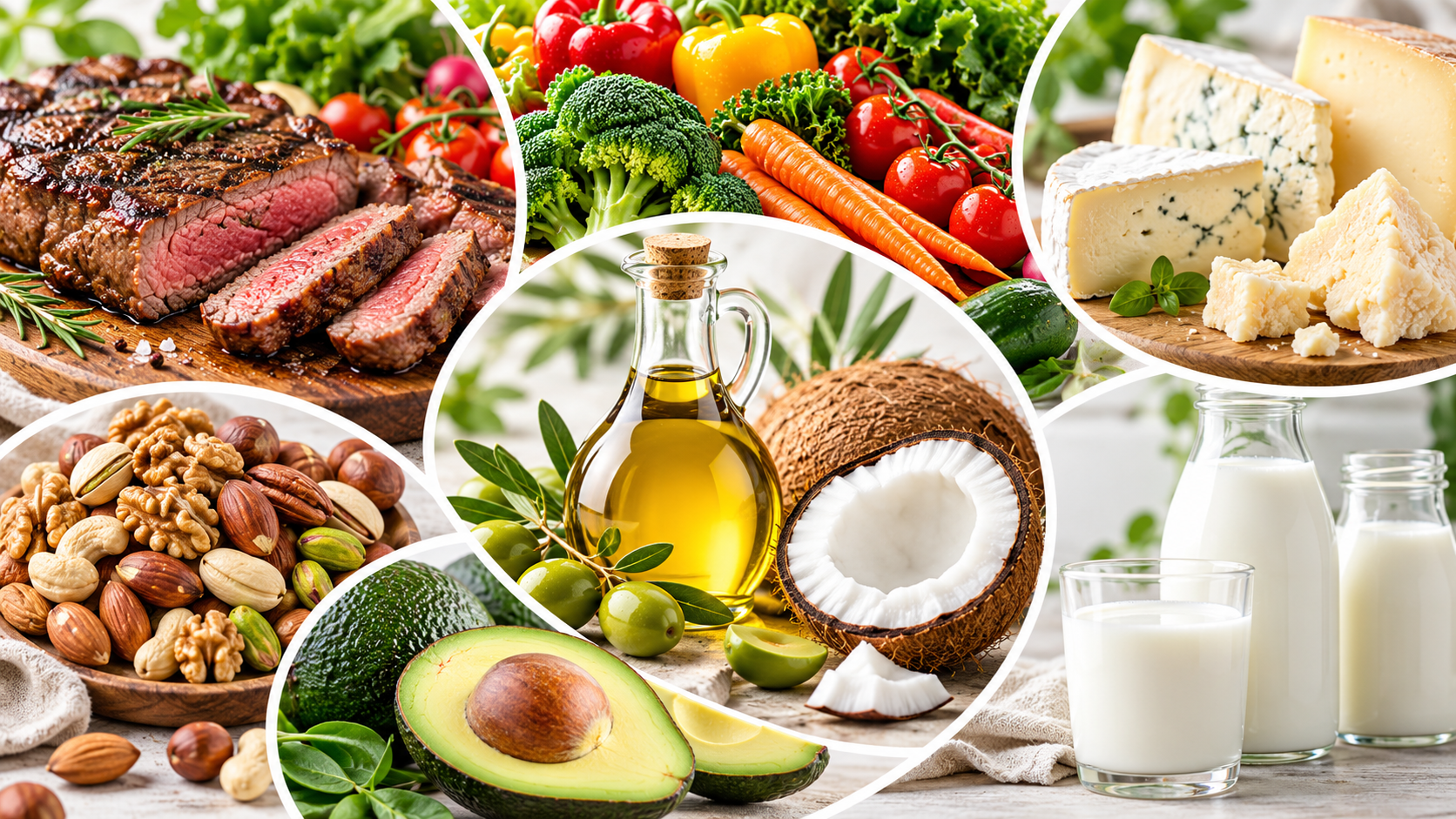 Collage of whole foods including grilled beef, colorful vegetables, cheese, mixed nuts, avocado, milk, olive oil, and fresh coconut.