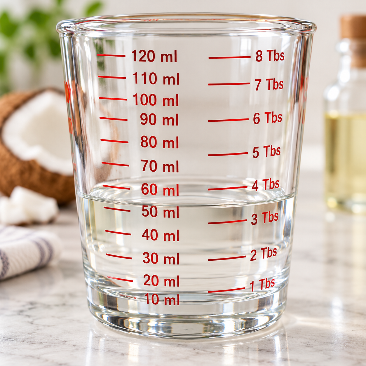 Clear coconut and MCT oil mixture in a glass measuring cup with tablespoon and milliliter markings.
