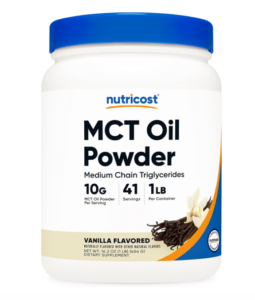 Container of Nutricost vanilla flavored MCT oil powder, 1 lb. size.